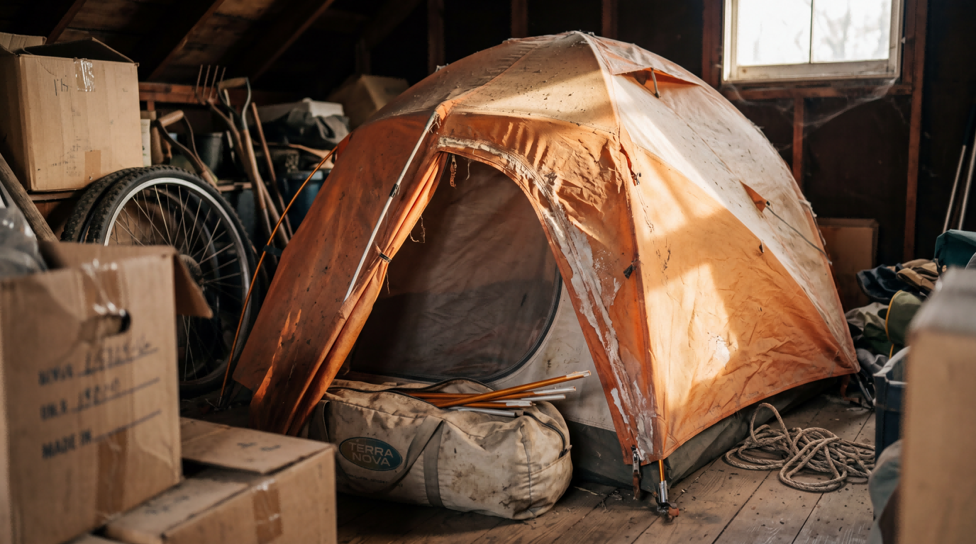 Old tent stored in a warm attic space, illustrating how poor long-term storage can quietly damage tent coatings, seams, and overall reliability